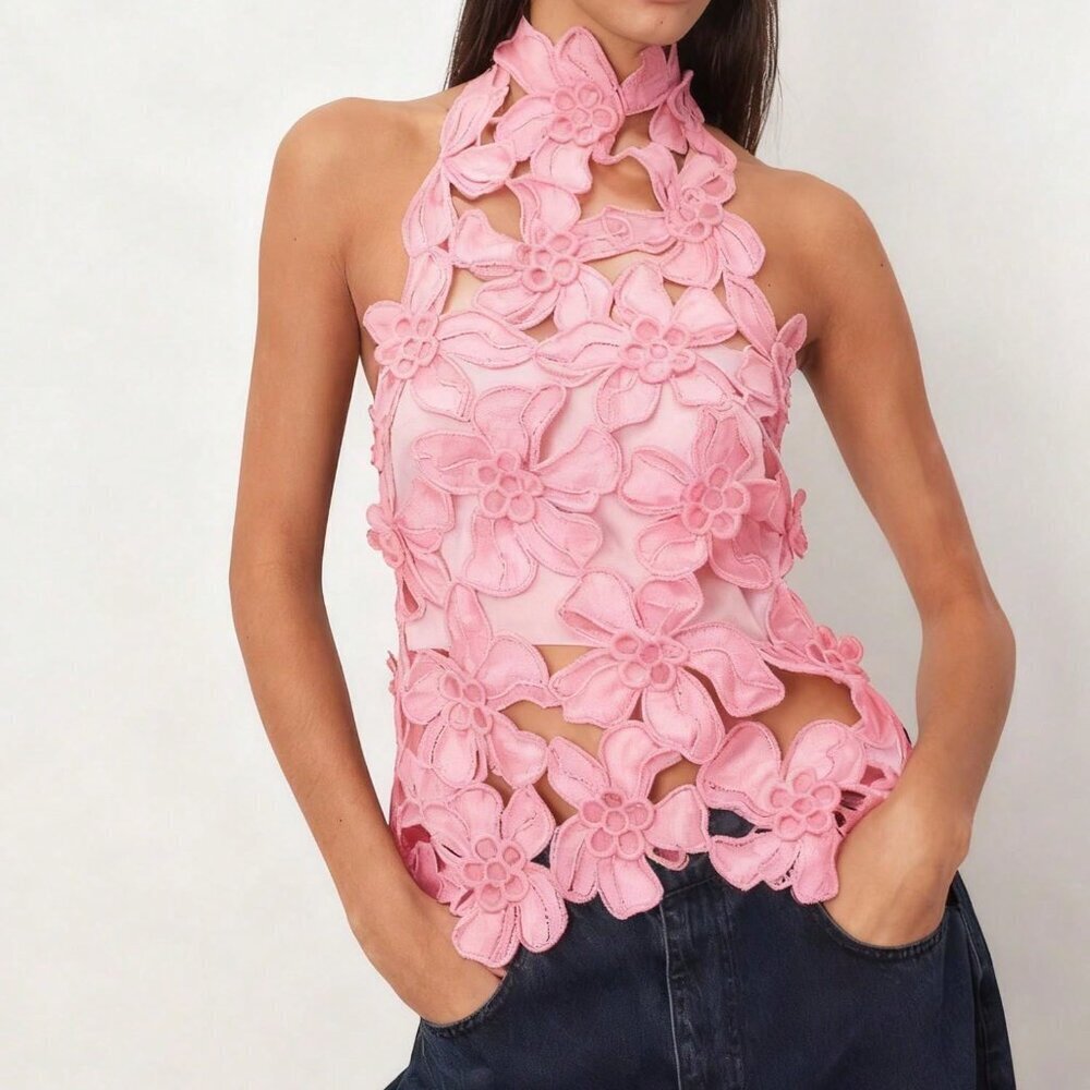 Pink Elegant Women's Floral Hollow-Out Top - Picture 4 of 4